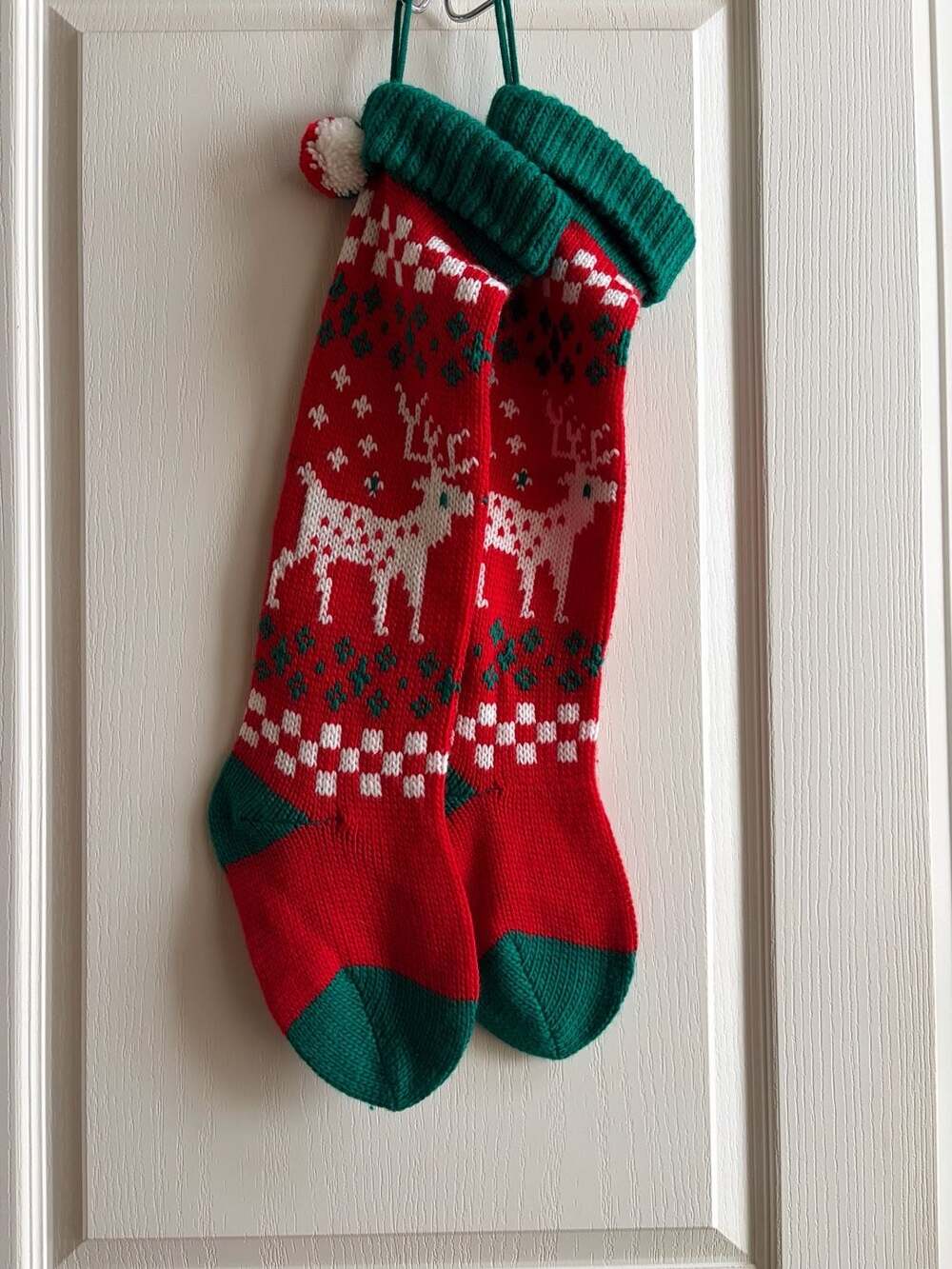 Vintage 1980s Knitted Christmas Stockings - Set of 2 Reindeer